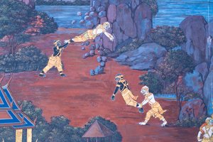 Wat Phra Kaeo, Kraliyet Büyük Sarayı, Bangkok, Tayland'daki Ramayana'dan sahneleri tasvir eden duvar resmi by Thai School