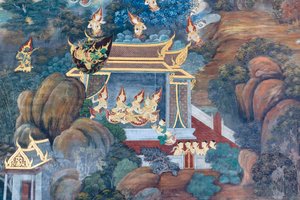 Wat Phra Kaeo, Kraliyet Büyük Sarayı, Bangkok, Tayland'daki Ramayana'dan sahneleri tasvir eden duvar resmi by Thai School