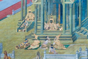 Wat Phra Kaeo, Kraliyet Büyük Sarayı, Bangkok, Tayland'daki Ramayana'dan sahneleri tasvir eden duvar resmi by Thai School