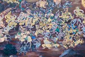 Wat Phra Kaeo, Kraliyet Büyük Sarayı, Bangkok, Tayland'daki Ramayana'dan sahneleri tasvir eden duvar resmi by Thai School