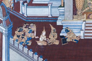 Wat Phra Kaeo, Kraliyet Büyük Sarayı, Bangkok, Tayland'daki Ramayana'dan sahneleri tasvir eden duvar resmi by Thai School