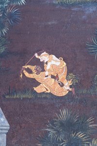 Wat Phra Kaeo, Kraliyet Büyük Sarayı, Bangkok, Tayland'daki Ramayana'dan sahneleri tasvir eden duvar resmi by Thai School