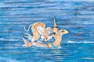 Wat Phra Kaeo, Kraliyet Büyük Sarayı, Bangkok, Tayland'daki Ramayana'dan sahneleri tasvir eden duvar resmi by Thai School
