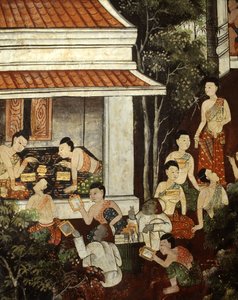 Müslüman tüccarlardan mücevher ve ayna alan saray hanımları, Rattanakosin stili (duvar resmi) by Thai School