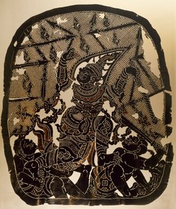 Nang Yai gölge kukla tiyatrosundan Virunjambang, ordu generali Dasakantha, oymalı deri panel, Tayland, Tayland Uygarlığı