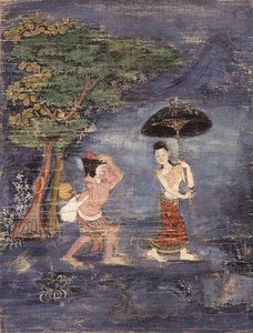 Yaşlı Brahmin Jujaka, genç karısını takip ediyor (kumaş üzerine resim yapıyor) by Thai School