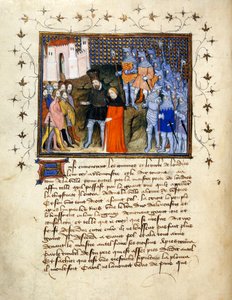 (Bütün folyo) Henry Bolingbroke tarafından Londra'ya esir alınan Kral II. Richard tahttan vazgeçer; aşağıdaki metinle süslenmiş kenarlık.