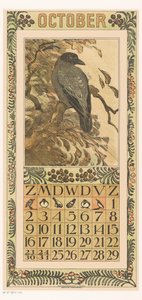 Kalenderblad oktober med varte kraai Kalender 1910 12 litografi, Th. v. Hoytema (dizi adı)