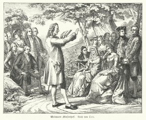 Muses Weimar Mahkemesi: Alman şair ve oyun yazarı Friedrich Schiller, Schloss Tiefurt'ta okuyor, dinleyenler arasında Christoph Martin Wieland, Johann Wolfgang Goethe ve Johann Gottfried Herder ile (gravür) by Theobald Reinhold von Oer