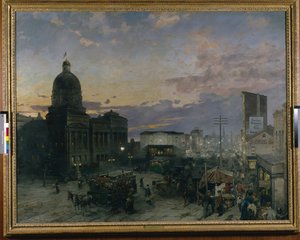 Washington Street, Indianapolis Alacakaranlıkta (tuval üzerine yağlıboya) by Theodor Groll