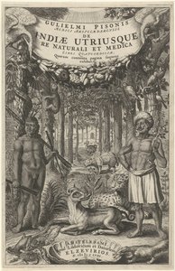Bir ormanın önünde iki adam ve vahşi hayvanlar Başlık sayfası: Indiae Utriusque, 1658 by Theodor Matham