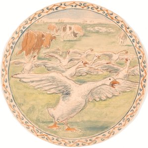 Otlayan inekler ve koşan kazlar (taslak seramik tabak) by Theodor Philipsen