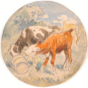 Açıkta, devrilmiş bir karahindiba yalayan iki buzağı (taslak seramik tabak) by Theodor Philipsen