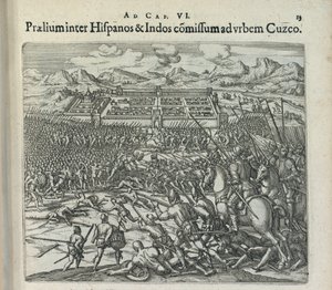 İspanyollar ve Kızılderililer arasında Cuzco kapılarında savaş, 1596. by Theodor de Bry