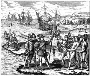 Kristof Kolomb (1451-1506) Cenevizli kaşif, Amerika'yı keşfediyor - 12 Mayıs 1492. Theodore de Bry'nin gravüründen 1590.