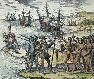 Hint Adaları'na Columbus Çıkarması. 1594 (ksilografi)