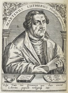 Martin Luther. (1483-1546). Alman din reformcusu ve Reformasyonun kurucusu. Vesika. by Theodor de Bry