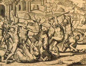 Güney Amerika'daki misyoner rahiplerin şehitliği, Historia americae'den gravür, Theodor de Bry (1528-1598), Frankfurt
