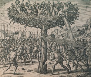 Fatihlere karşı savaşan ağaçlarda saklanan yerliler by Theodor de Bry