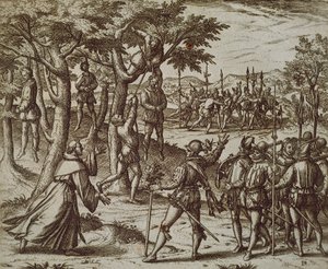 Theodore de Bry tarafından Yeni Dünya'da Kristof Kolomb'un bazı adamlarının asılmasına ceza