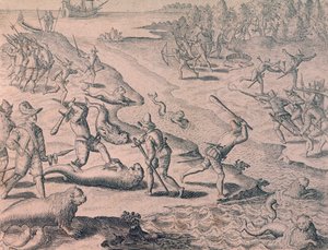 Kaşifler tarafından deniz aslanlarının katledilmesi by Theodor de Bry