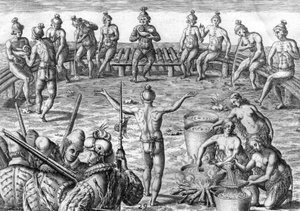 Timucua Kızılderilileri Fransız kaşiflerle by Theodor de Bry