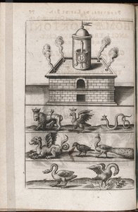 Bir simya fırını ve simyanın sembolik hayvanları - Theodore de Bry (1528-1598), Michael Maier