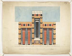 Knossos'taki Minos Sarayı'nın Merkez Avlusundaki Merkezi Üç Parçalı Mabedi yeniden tasavvur eden resim (Evans Architectural Plans WW/15) by Theodore Fyfe