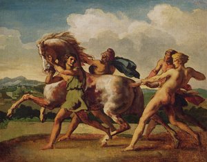 Bir atı durduran köleler, "Barbar Atlarının Yarışı" için çalışıyorlar, 1817 by Theodore Gericault