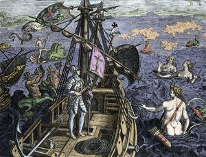 Alegori des voyages de Christopher Columbus (1451-1506), Theodor de Bry (1527-1598), Amsterdam 1594 tarafından "Historia America sive Novi Orbis" den gravür by Theodore de Bry