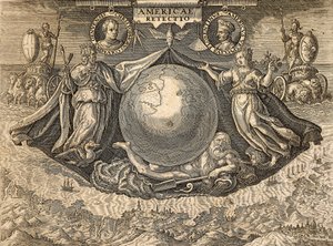 Denizciler Christopher Columbus ve Amerigo Vespucci portreleriyle Batı Hint Adaları veya Amerika Alegorisi by Theodore de Bry