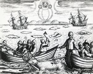 Aurora borealis ve beyaz ayı avı William Barents (yaklaşık 1550-1597) tarafından 1596