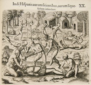 İspanyollar altına susadığı için, Kızılderililer onlara sıvı altın döküyor. Gönderen: Americae pars qv by Theodore de Bry