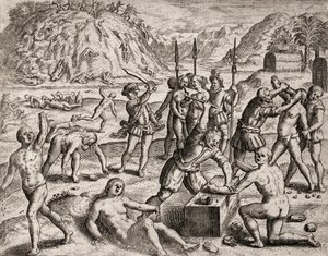 İspanyol yerleşimciler tarafından Kızılderililere uygulanan suçların açıklaması - Bir Hint köyünü katleden Conquistadors. Amputations des mains - Theodore de Bry