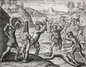 İspanyol yerleşimciler tarafından Kızılderililere uygulanan suçların tanımı - İspanyollar Kızılderililere işkence ediyor - Theodore de Bry