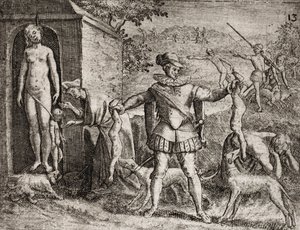 İspanyol yerleşimciler tarafından Kızılderililere uygulanan suçların açıklaması - Hintli kadınları ve çocukları katleden İspanyol Conquistadors. Asılı. Çocuklar jetes aux chiens - Theodore de Bry
