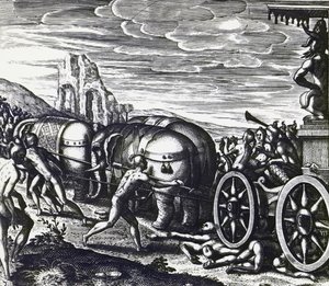 Theodor de Bry (1528-1598), oyma tarafından idol alayı sırasında araba tarafından ezilen adanmışlar by Theodore de Bry