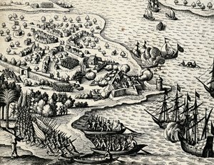Mozambik kıyılarında Hollanda seferi, Theodor de Bry (1528-1598) tarafından Hindistan oryantalinden gravür by Theodore de Bry