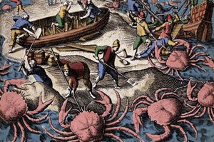 Avrupalı denizciler büyük yengeçle savaşıyor. Theodore de Bry