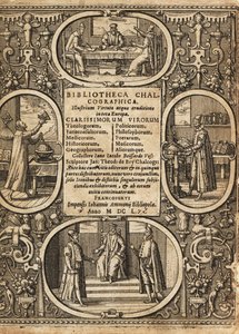 Sınırlar içinde bilim adamlarının skeçleri ile cephe. by Theodore de Bry