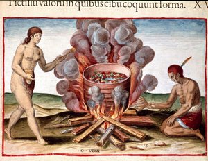 Amerika Tarihi: Theodore de Bry (1528-1598) tarafından "Admirante Narratio Americae" den "Hint pişirme balık" Gravür by Theodore de Bry