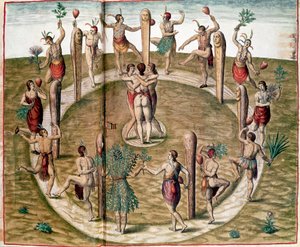 Amerika Tarihi: “” Arkadaşlığı Kutlamak için Ritüel Dans”” Theodore de Bry (1528-1598) tarafından gravür. 16. yüzyıl Vincennes, Donanma Tarihi Müzesi by Theodore de Bry