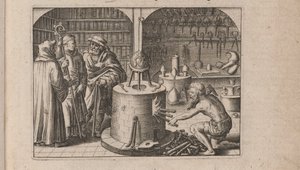 Tripus Avrevs için illüstrasyon, yani seçkin kimyagerlerin üç incelemesi.., 1618 by Theodore de Bry