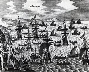 Hırsızlar Adaları (Islas de los Ladrones, bugün Marianas adaları), Theodor de Bry (1528-1598) tarafından Peregrinationes
