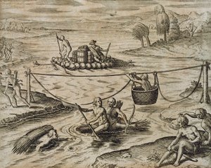 Theodore de Bry tarafından River Rapids Aşağı Gidiyor Kızılderili Kızılderilileri by Theodore de Bry