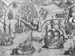 Deniz savaşı, Theodore de Bry (1528-1598), Frankfurt tarafından Amerikan Tarihinden gravür by Theodore de Bry