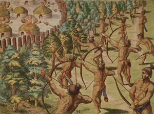Kızılderili köyüne alevli oklarla gece saldırısı by Theodore de Bry