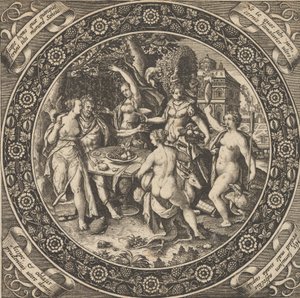 Merkezde Bir Dairede Aşk Ziyafeti ile Sahne, 1580-1600. by Theodore de Bry