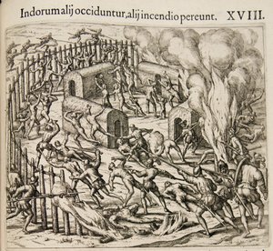 Bazı Kızılderililer öldürülür, bazıları bir yangında can verir. Gönderen: Americae pars quarta by Theodore de Bry