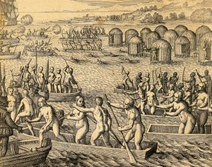 Güney Amerika yerlileri fatihlerin gemilerine saldırıyor by Theodore de Bry